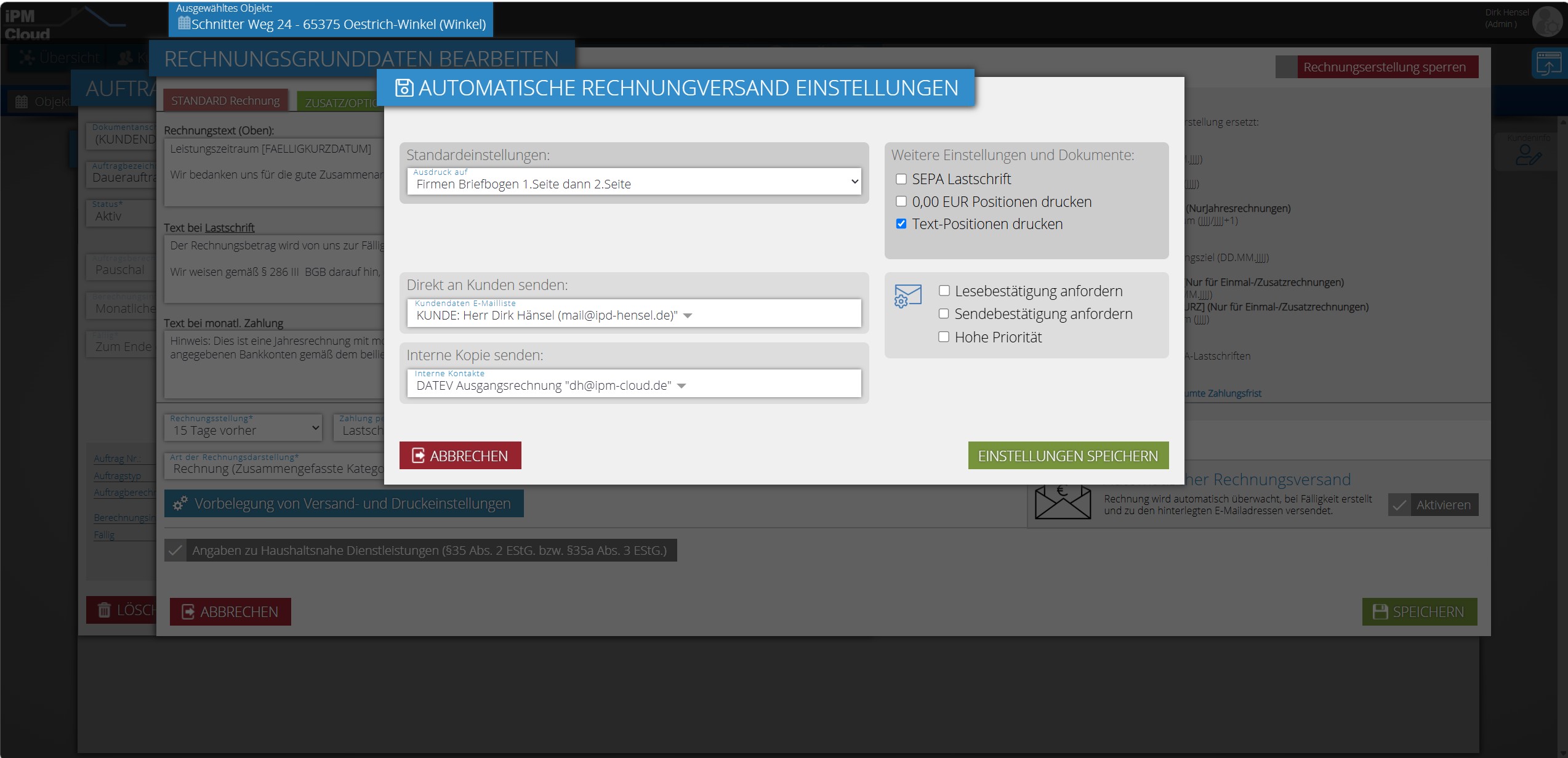 Dialog Automatische Rechnungsversand Einstellungen mit Kundenempfänger, interner Kopie und Versandoptionen
