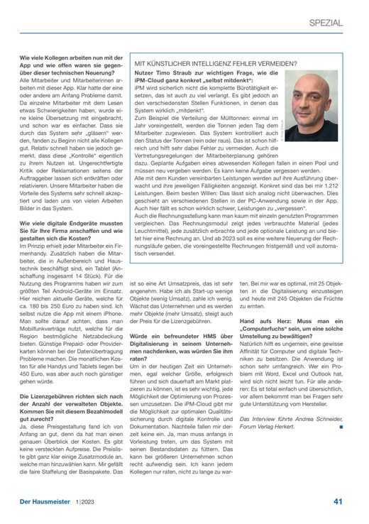 „Der Hausmeister“ 1/2023, Seite 41: Nutzer-Interview mit Timo Straub zur iPM-Cloud